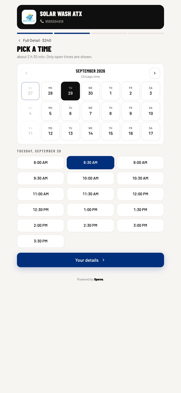 Online booking page: a customer picks a day and an open time